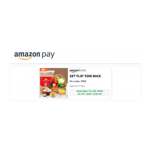 Amazon Fresh: Shop for 900 and get Flat 200 cashback(Collect Coupon) & get 300 cashback coupon on next Order